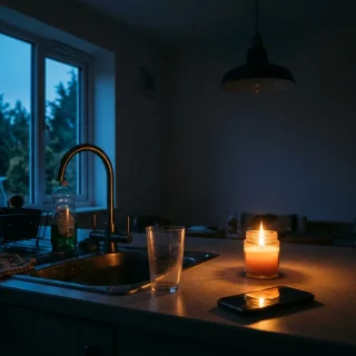 A dimly lit kitchen during a power outage at dusk: a kitchen tap with a single glass beside it, a dark ceiling light, and a phone on the counter with a dead screen, while a warm ca