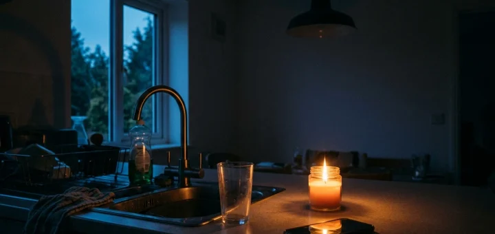 A dimly lit kitchen during a power outage at dusk: a kitchen tap with a single glass beside it, a dark ceiling light, and a phone on the counter with a dead screen, while a warm ca