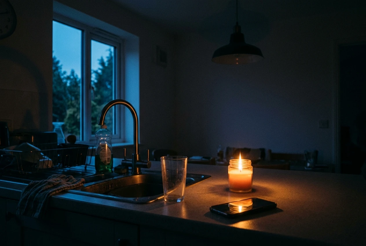 A dimly lit kitchen during a power outage at dusk: a kitchen tap with a single glass beside it, a dark ceiling light, and a phone on the counter with a dead screen, while a warm candle glow and blue evening light from the window fall across the counter.