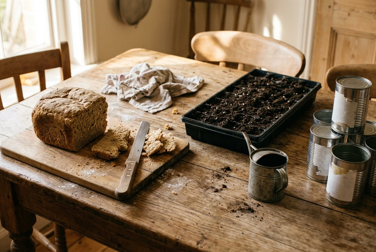 A rustic kitchen table showing honest beginner mistakes: a dense, squat loaf of bread next to a bread knife that barely cuts it, a seed tray with only bare soil and no sprouts, and a pile of unlabeled canned goods, lit by soft morning window light in warm browns and creams.