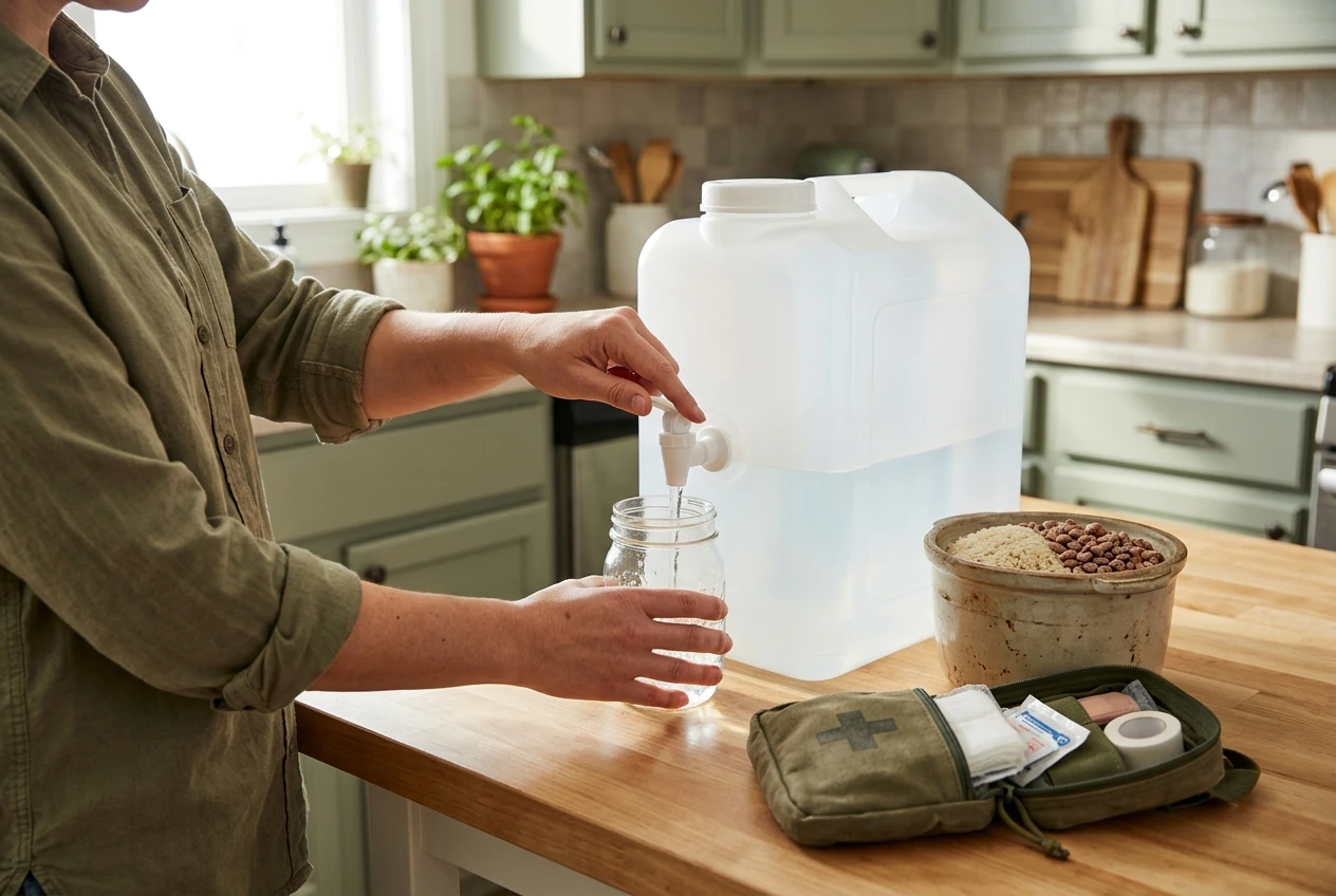 Hands in a bright, tidy kitchen filling a clean glass jar from a large water container beside a pot of dry rice and beans, with a small first aid pouch open on the counter, daylight and calm green and wood tones.