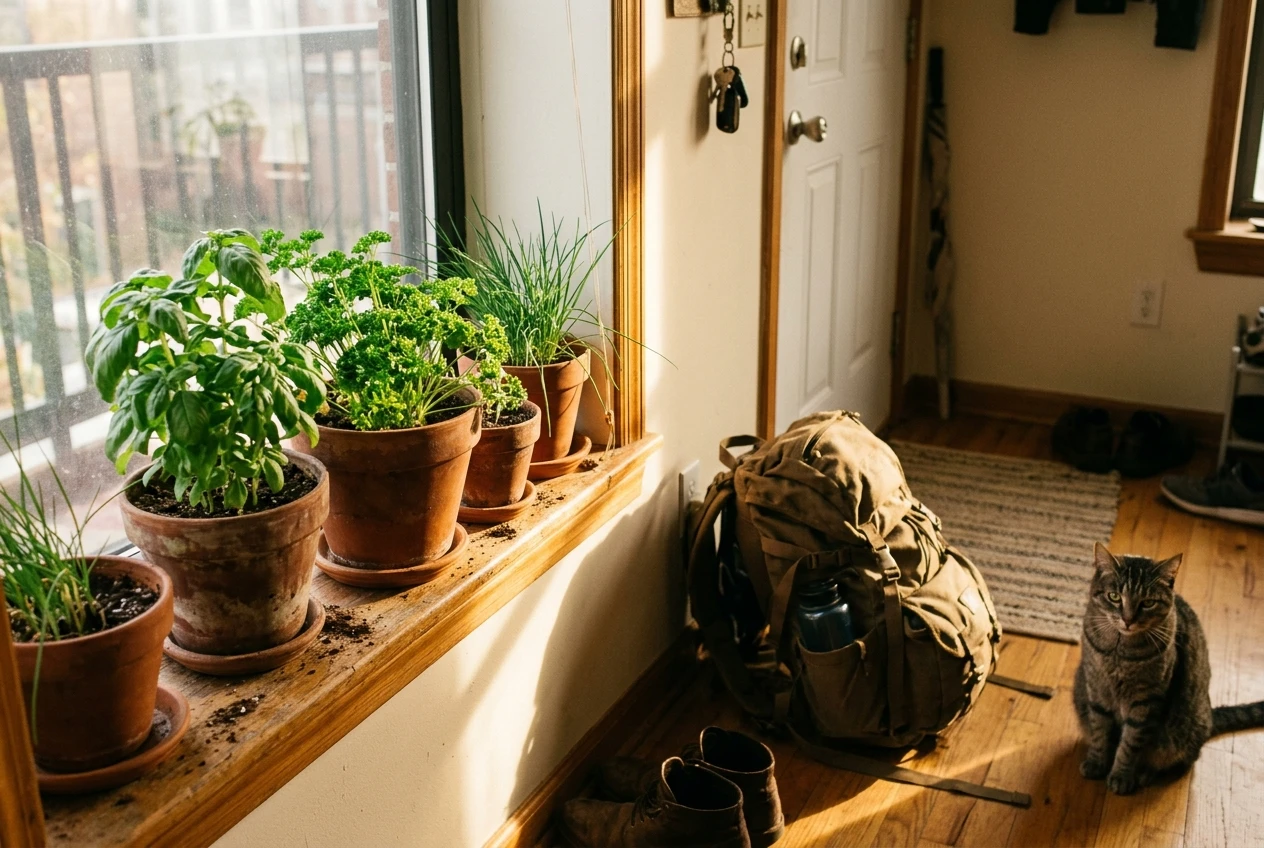 A sunny apartment windowsill lined with small pots of basil, parsley and chives in mismatched terracotta pots, with a cat sitting suspiciously nearby next to a packed go-bag by the door, soft golden afternoon light.