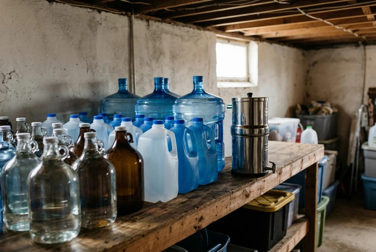 Rows of clean, mixed-size water containers, including glass jugs and blue plastic bottles, lined up on a basement shelf next to a small gravity water filter, lit by soft daylight from a small window.