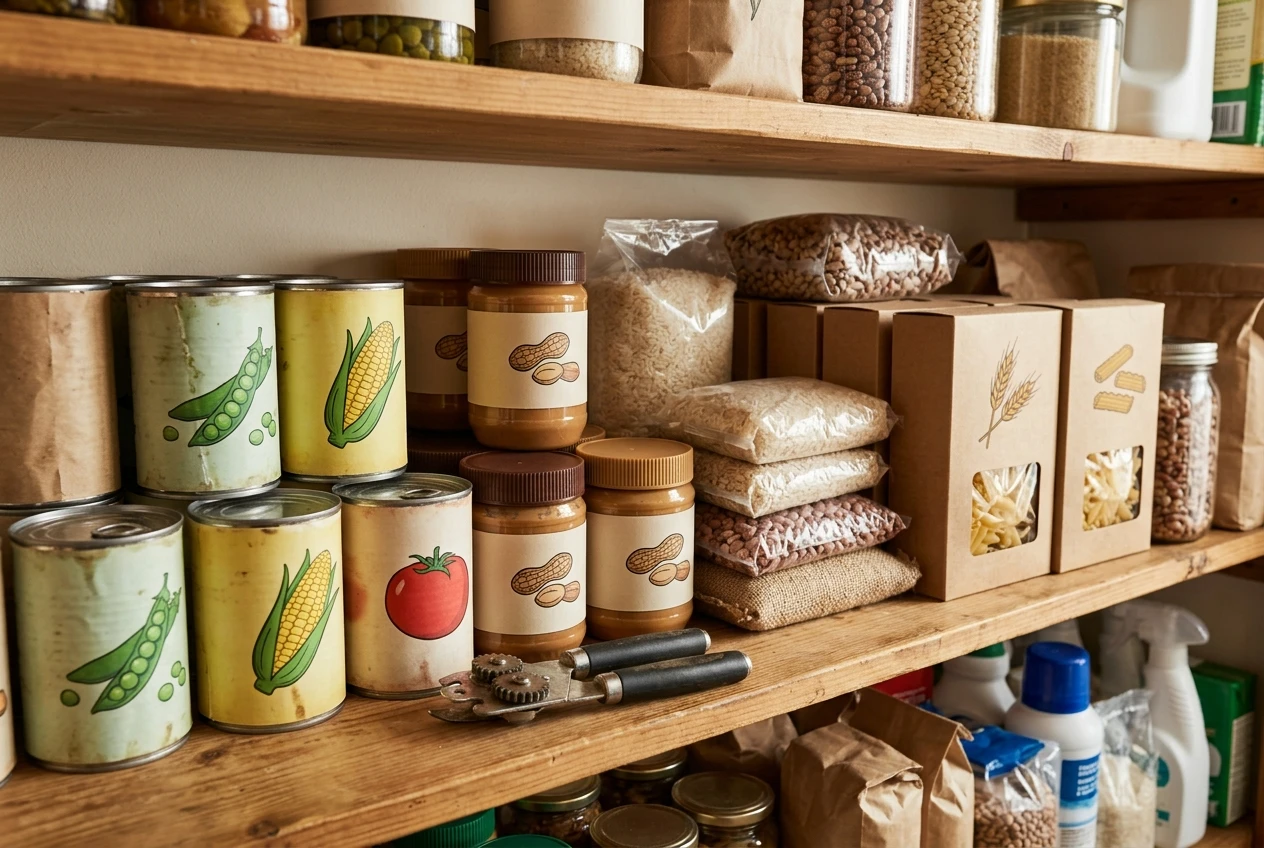 A home pantry shelf of familiar staples: canned vegetables, jars of peanut butter, bags of rice and beans and boxes of pasta, with the oldest cans pulled to the front and a manual can opener resting on the shelf, in warm kitchen light.