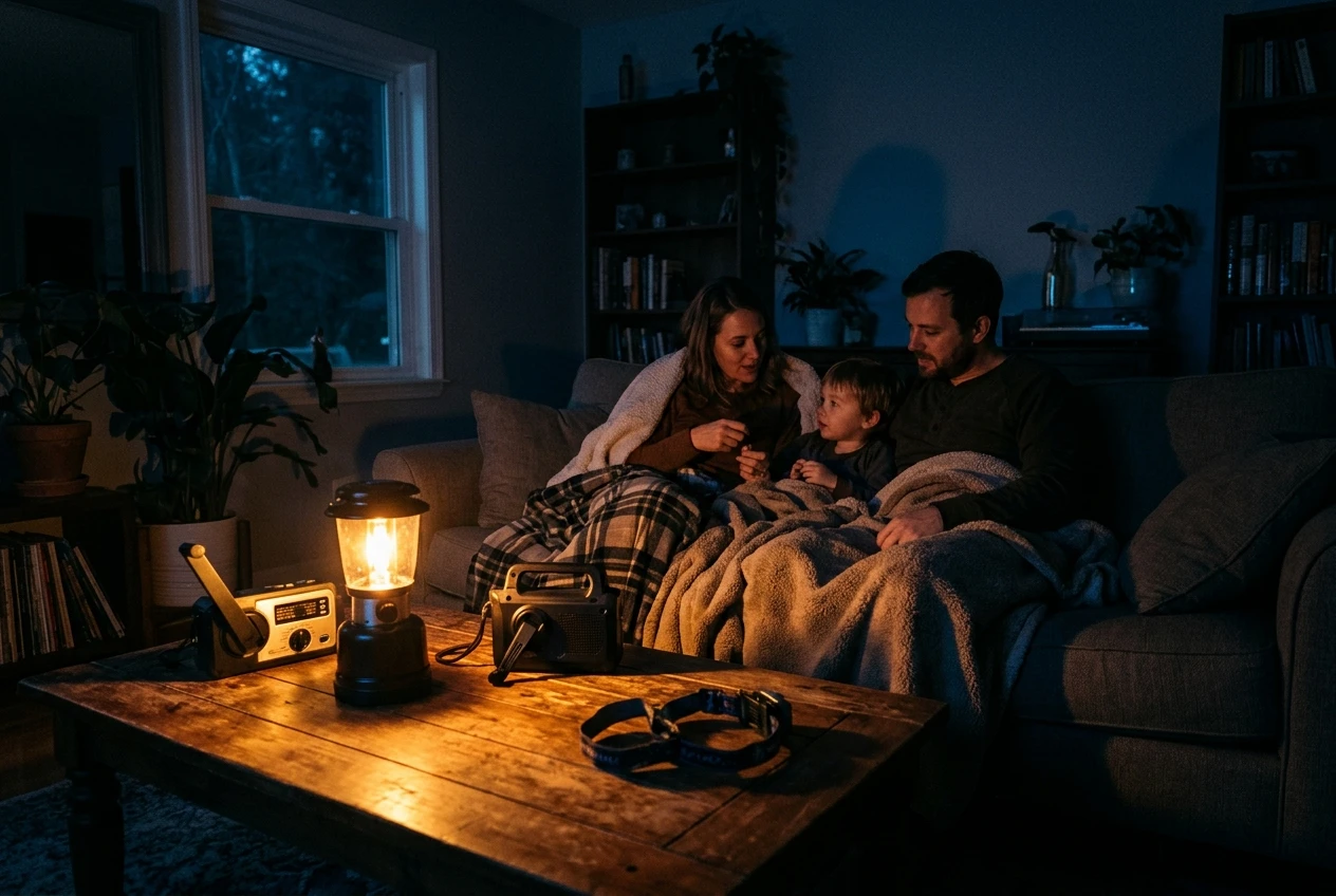 A dark living room during a power outage, with a headlamp and a hand-crank radio on a coffee table beside a lit lantern, and a family in blankets on the couch, in warm amber glow against deep blue shadows.