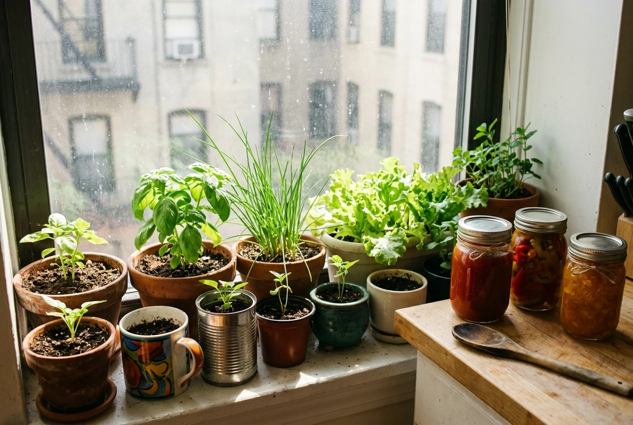 A sunny apartment windowsill crowded with potted basil, chives and lettuce in mismatched containers, with a few glass jars of home-canned preserves on a nearby counter and a wooden spoon.